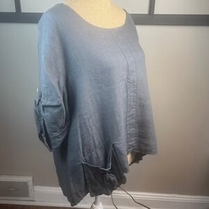 Gray Linen Made in Italy Tunic Roll Sleeve Drawstring Hem Pockets Casual Cottage
